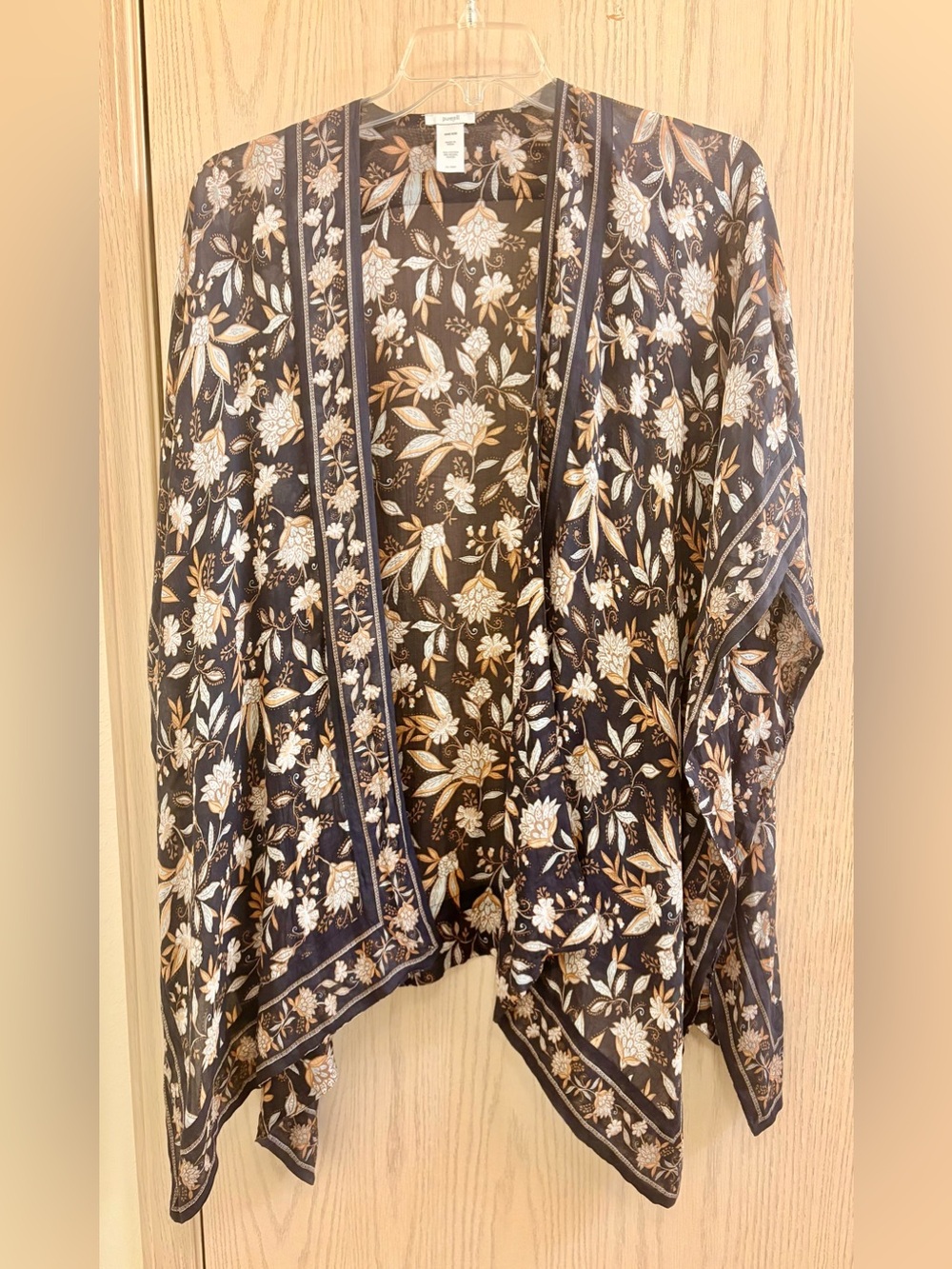 J. Jill Black Open Kimono Tunic with Black Background and Rust/Cream Floral